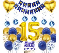 15th Birthday Balloons Decorations for Boys - 44 Pieces 15 Year Old Party Supplies with Number 15 Balloon Hanging Swirls, 15th Happy Birthday Banner Blue Gold Cake Topper