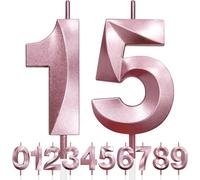 15th Birthday Candle, 3D Design Rose Gold Glitter Number Candles, Cake Topper Decorations, Cake Candle for Birthday Party, Wedding Anniversary, Baby Shower, Party Decoration (Pink Gold)