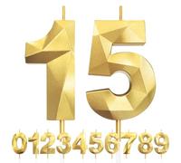15th Birthday Candles, Number 15 Candle, Gold Birthday Candles for Cake, Diamond 3D Happy Birthday Cake Candle Decorations for Birthday Party Wedding Anniversary Celebration Supplies