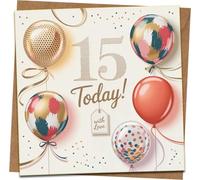 15th Birthday Card - Balloons & Confetti Design - 145mm x 145mm - Includes Kraft Envelope - 15 Today Greeting for Teen Boy or Girl