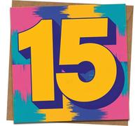 15th Birthday Card, Bold Number 15 Design, Bright Colors, 145mm x 145mm Square Greeting Card with Kraft Envelope, For Teen Boy Girl Son Daughter