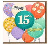 15th Birthday Card - Colourful Balloon Bouquet with Floral Patterns and Dots, 'Happy 15th Birthday' Front, Fun Teen 15-Year-Old Celebration
