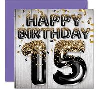 15th Birthday Card for Boys - Black & Gold Glitter Balloons - Happy Birthday Cards for 15 Year Old Boy Son Brother Grandson Cousin, 145mm Bday Greeting Cards Gift