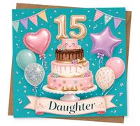 15th Birthday Card for Daughter, Cute Pink Cake and Balloons Design, Special Daughter Birthday Greeting Card