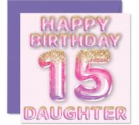 15th Birthday Card for Daughter - Pink & Purple Glitter Balloons - Happy Birthday Cards for 15 Year Old Daughter from Mum Dad Parents, 145mm Bday Greeting Cards Gift