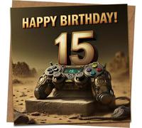 15th Birthday Card for Gamer Boys - Level 15 Video Game Controller Design, Happy Birthday Card for Teen Son Grandson, 145mm x 145mm, Includes Kraft Envelope