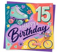 15th Birthday Card for Girl, Rainbow Skate, Bike & Stars | For her 15th: bright painted background, roller skate, bicycle with flower basket and lively ‘Happy Birthday’ lettering.