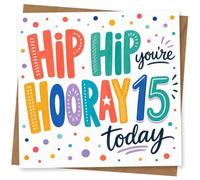 15th Birthday Card, “Hip Hip Hooray 15 Today” Confetti | Bold hand-lettered “Hip Hip Hooray you’re Hooray 15 today” with colourful dots-bright, playful 15th birthday fun.