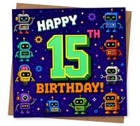 15th Birthday Card, Retro Pixel Robots, Stars | Gaming-inspired “HAPPY 15th BIRTHDAY” design with chunky pixel lettering, colourful robots, stars and cog icons.
