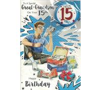 15th Birthday Card with Badge for Great Grandson - Special Happy Birthday Greeting Card for Boys Age 15 - Fun Gift with Badge & Cool Design