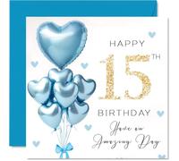 15th Birthday Cards for Boys - Blue Glitter Balloons - Happy Birthday Card for 15 Year Old Boy Step Son Great Nephew Godson Nephew, 145mm Bday Greeting Cards