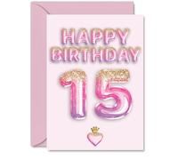 15th Birthday Cards for Boys Girls - Pink & Purple Glitter Balloons - Happy Birthday Card for 15 Year Old Boy Girl Grandson Cousin Son Niece, A5 Bday Greeting Cards