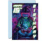 15th Birthday Cards for Boys Girls - Video Game Gamer - Happy 15 Birthday Card for Son Daughter Nephew Niece Grandson, 5x7 Inch Fifteen Fifteenth Bday Greeting Cards