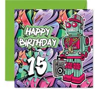 15th Birthday Cards for Boys - Wicked Graffiti Robot - Happy Birthday Card for 15 Year Old Boy Nephew Son Great Nephew Cousin, 145mm Bday Greeting Cards