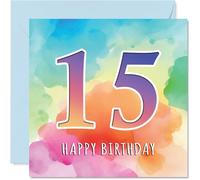 15th Birthday Cards for Girls Boys - Colourful Watercolour Age - Happy Birthday Card for 15 Year Old Girl Boy Grandson Cousin Son Niece, 145mm Bday Greeting Cards