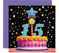 15th Birthday Cards for Girls Boys - Pink Cake & Stars - Happy Birthday Card for 15 Year Old Girl Boy Grandson Cousin Niece Granddaughter, 145mm Bday Greeting Cards