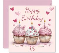 15th Birthday Cards for Girls Boys - Pink Cupcakes - Happy Birthday Card for 15 Year Old Girl Boy Niece Brother Son Nephew, 145mm Bday Greeting Cards