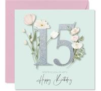 15th Birthday Cards for Girls - Fancy Floral Flowers - Happy Birthday Card for 15 Year Old Girl Daughter Niece Great Niece Goddaughter, 145mm Bday Greeting Cards