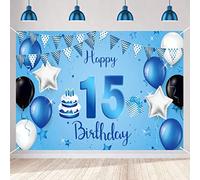 15th Birthday Decoration Party Decor For Boy Fabric Sign Poster 15th Anniversary Background Banner Fifteenth Birthday Party Supplies Blue Table Decoration, 150cm