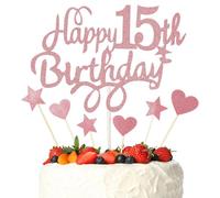 15th birthday decorations,15th Birthday Cake Topper Set,RETWOT 1pcs Rose Gold Glitter Happy Birthday Cake Pick with Heart Star Cupcake Cake Topper for Celebrating 15 Cake Party Supplies,