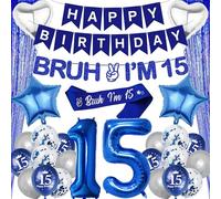 15th Birthday Decorations Balloons Banner - 28 Pcs Boys Blue Silver Happy Birthday Banner Decorations Bruh I'M 15 Banners Curtain Backdrop Foil Balloons for 15 Year Old Boy Party Decor Supplies