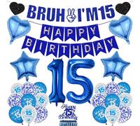 15th Birthday Decorations Balloons Boys - 27 Pcs Glitter Blue Bruh I'm 15 Happy Bday Banners Numbers Star Heart Foil Balloon Cake Topper Sign Party Supplies for Fifteen Years Old Teenager Decor