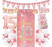 15th Birthday Decorations Balloons Girls - 29 Pcs Rose Gold Triangle Banner Hanging Swirls Backdrop Glitter Cake Topper Number 15 Foil Balloon for Her Girl 15 Years Old Happy Birthday Party Supplies