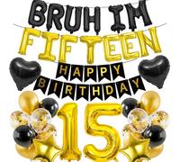 15th Birthday Decorations Banners Boy - 38 Pcs Black Gold Happy Birthday Banner BRUH I'M FIFTEEN Star Heart Number 15 Foil Balloons Decoration Sequin Balloons for 15 Years Old Boys Party Decor