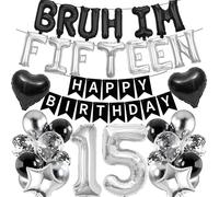 15th Birthday Decorations Banners Boy - 38 Pcs Black Silver Happy Birthday Banner BRUH I'M FIFTEEN Star Heart Number 15 Foil Balloons Decoration Sequin Balloons for 15 Years Old Boys Party Decor