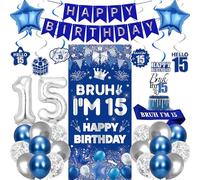 15th Birthday Decorations Boys Banner - 32 Pcs Blue Silver Bruh I'm 15 Banner Number 15 Foil Balloons Hanging Swirls Cake Topper Sash for Him Seventeen Year Old Party Supplies Decor