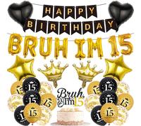 15th Birthday Decorations Boys Banners - 34 Pcs Black and Gold Happy Birthday Banner Bruh I'M 15 Star Heart Crown Foil Balloons Cake Topper Sequin Balloons for 15 Years Old Boy Party Decor Supplie
