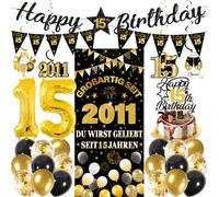 15th Birthday Decorations Boys Girls - 27 Pcs Black Gold Happy 15th Birthday Banner Triangular Flag Hanging Swirls Backdrop Cake Topper 15 Balloon Set for 15 Years Old Party Decoration Supplies