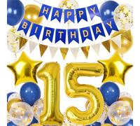 15th Birthday Decorations Boys, Navy Blue Gold Balloons and Happy Birthday Banner, 40 Inch Number 15 Foil Balloons with Bunting, for Boys Girls Party Decoration