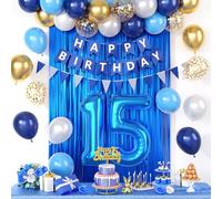 15th Birthday Decorations, Dark Happy Birthday Party Decorations With Number 15 Balloons Metallic Gold Pearl White Light Blue Fringe Curtain Banner Cake Topper For Boy Girl Party Supplies