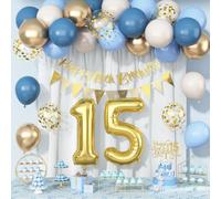 15th Birthday Decorations, Dusty Blue Cream White Gold 15 Balloon Happy 15th Birthday Bunting Banner Cake Topper Number 15 Year Old Foil Balloon for Fifteen birthday Party Decor