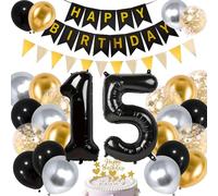 15th Birthday Decorations, Foil Balloons & Happy Birthday Banner & Cake Topper, Black Gold Birthday Decorations for Men Women (15th)