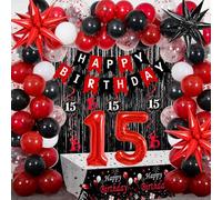 15th Birthday Decorations for Boys & Girls, 84 PCS Red Black 15th Party Decorations, Birthday Party Supplie with Banner, Fringe Backdrop, Foil Star Balloons, Hanging Swirls, Tablecloth Garland Arch