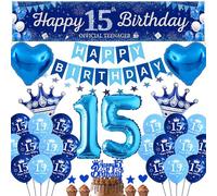 15th Birthday Decorations for Boys Girls - Navy Blue Party Decoration Supplies Star Garland, Happy 15th Birthday Yard Banners and Heart Crown Number 15 Foil Balloons Cake Toppers