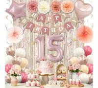 15th Birthday Decorations for Girls Beige, Boho Pink Happy 15th Birthday Banner with Fringe Curtain,Paper Pom Poms,Number 15 Balloons, Circle Dots Garland,Neutral Party Decor 15 Year Old