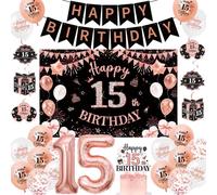 15th Birthday Decorations for Girls, Happy Birthday Banner Latex Balloons | Black Rose Gold Backdrop, Number 15 Balloon, Hanging Swirls and Cake Topper for 15th Birthday Party
