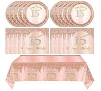 15th Birthday Decorations for Girls,Rose Gold 15 Year Old Birthday Party Supplies Include 15th Birthday Party Plates and Napkins,Tablecloth Kit,15 Birthday Tableware Set for Girls Teen Party Decor