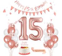 15th Birthday Decorations for Girls, Rose Gold 40 Inch Number 15 Foil Balloons, Sash, Cake Topper for 15 Birthday Party Decorations