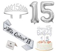 15th Birthday Decorations for Girls Silver with Mis Quince 15 Sash and Tiara, Cake Topper and Candles, Silver Number Balloons, 15 Year Old Gifts for Girls