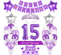 15th Birthday Decorations Girls Birthday Princess Crown Birthday Sash Happy Birthday Banner Cake Toppers Number Balloons Decorations Set for 15 Years Old Birthday Party Supplies, Warm Photo Backdrop