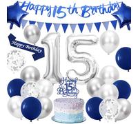 15th Birthday Decorations, Navy Blue and Silver Balloons Happy 15th Birthday Banner, Number 15 Foil Balloons, Cake Topper and Sash for Party Supplies