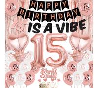 15th Birthday Decorations Rose Gold - Happy Birthday 15 Is A Vibe Banner Foil Latex Balloons Cake Topper, Tinsel Curtain for 15 Years Old Girls Party Decoration Supplies