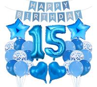 15th Birthday Decorations Set Blue Theme Happy Birthday Banner Bunting Balloon Decor Photo Backdrop for Teen Boys Girls Party Supplies Celebration Decor Event Bundle Bunting Set Party Pack