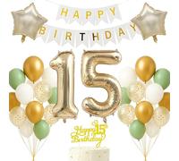15th Birthday Decorations Set Light Gold White Sage Green Theme Happy Birthday Banner Balloon Decor Photo Backdrop for Boys Girls Kids Turning 15 Age 15 Party Supplies Celebration Decor Event Bundle
