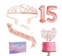 15th Birthday Decorations Set, Rose Gold 15th Birthday Sash and Tiara Party Crown, Cake Topper and Candles, Foil Number Balloons, 15th Year Old Party Supplies Gifts for Girl