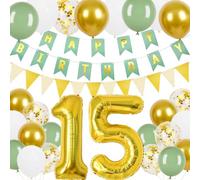 15th Birthday Decorations with Gold Triangle Flag Bunting Banner and 24 Pcs 12 in Happy Birthday Balloons for Boy Girls 15th Birthday Party Decoration